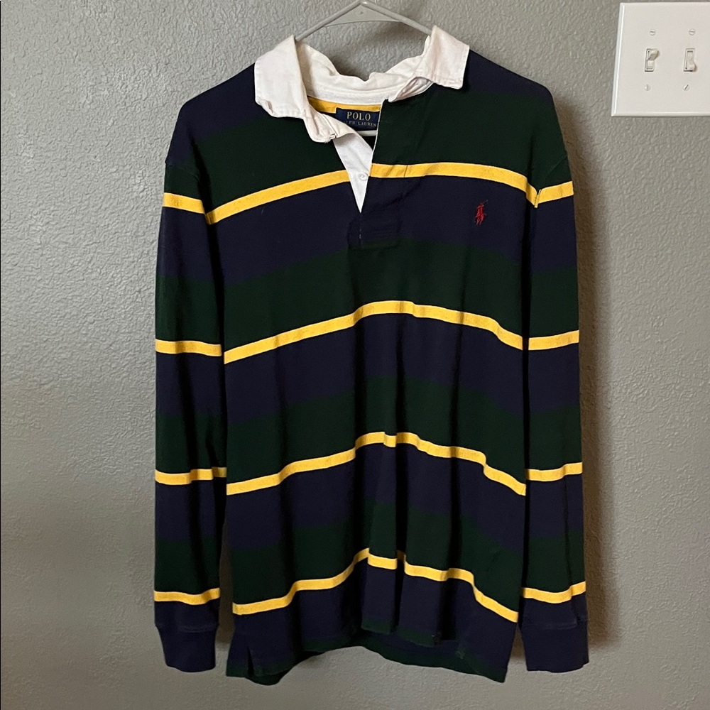 Vintage Polo by Ralph Lauren Men's Navy, Green and Yellow Striped Shirt